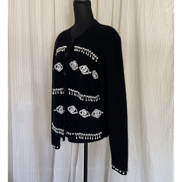 VTG Womens Black Beaded Cardigan Sweater L Pearl Embellished Elegant Statement - Picture 2 of 5